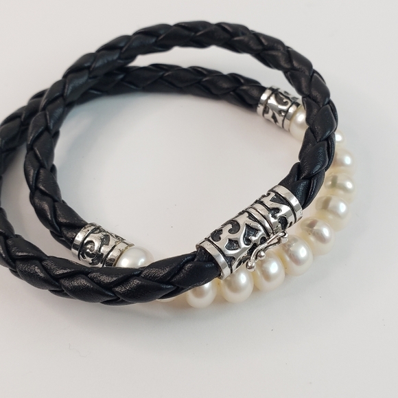 Balinese pearl necklace tooled sterling silver black braided leather cord Bali - Picture 5 of 12